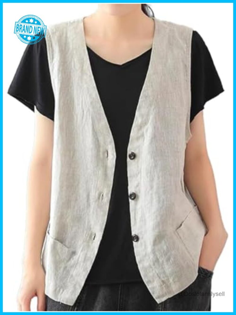 Womens Cotton Linen Vest Casual Sleeveless Blazer V-Neck Button Front Waistcoat